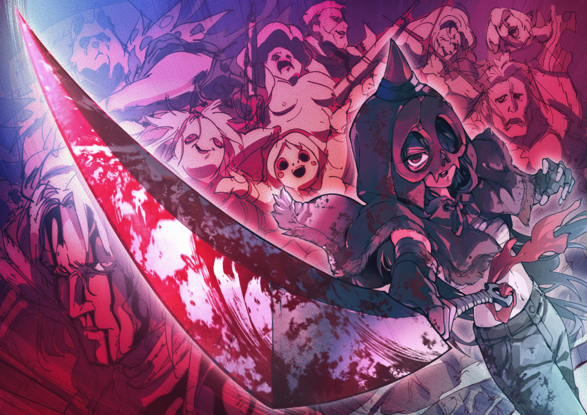 1girl absurdres bandage_over_one_eye belt black_hair blood buddy_(lisa) character_request denim eititie highres holding holding_sword holding_weapon horns jeans lisa_the_joyful long_hair mask midriff pants poncho red_eyes sarashi scar single_horn skull_mask sword weapon