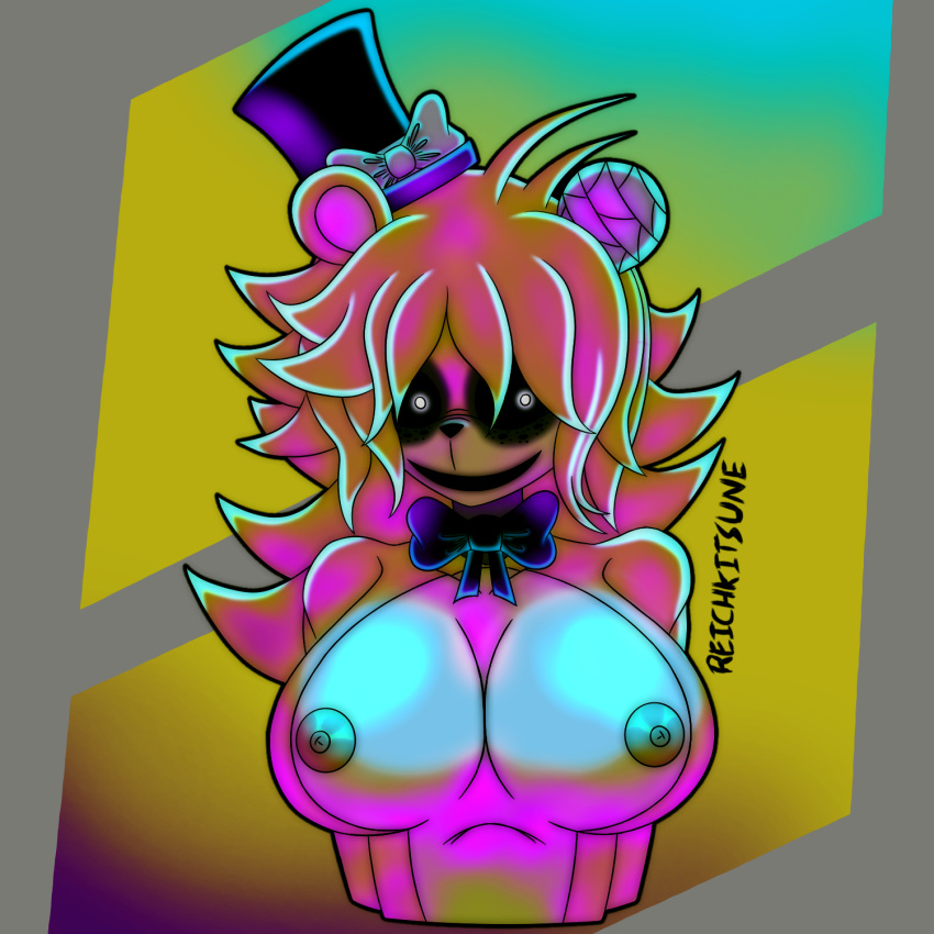 2022 animal_humanoid anthro bear big_breasts black_bow_tie black_sclera blonde_hair bow_(feature) bow_tie breasts clothed clothing creepy_smile crossgender digital_drawing_(artwork) digital_media_(artwork) exposed_breasts female female/female five_nights_at_freddy's fredina's_nightclub fur golden_freddy_(fnaf) golden_fredina_(cally3d) hair hat headgear headgear_only headshot_portrait headwear headwear_only hi_res humanoid machine machine_girl mammal mammal_humanoid mostly_nude nipple_slip nipples portrait reichkitsune robot robot_humanoid scottgames smile solo top_hat topless topless_anthro topless_female ursid_humanoid video_games white_bow white_eyes yellow_body yellow_fur