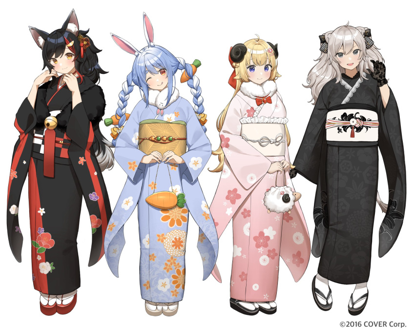 4girls ahoge alternate_costume animal_bag animal_ear_fluff animal_ears bag bangs bell black_footwear black_gloves black_hair black_kimono black_ribbon blonde_hair blue_eyes blue_hair blush bow braid brooch carrot_hair_ornament checkered_sash closed_mouth commentary don-chan_(usada_pekora) floral_print food-themed_hair_ornament french_braid full_body fur_scarf gem geta gloves grey_hair hair_ornament hair_ribbon hairclip handbag head_tilt highres holding holding_bag hololive horns japanese_clothes jewelry kimono lace lace_gloves licking_lips light_blue_hair lion_ears lion_girl lion_tail looking_at_viewer multicolored_hair multiple_girls obiage obijime official_art okobo ol_mahonanoka one_eye_closed ookami_mio open_mouth orange_eyes own_hands_together platform_footwear ponytail rabbit_ears rabbit_girl red_bow red_eyes red_footwear red_gemstone red_hair ribbon sheep_ears sheep_girl sheep_horns shishiro_botan sidelocks simple_background smile standing streaked_hair swept_bangs tabi tail tassel tassel_hair_ornament thick_eyebrows tongue tongue_out tsunomaki_watame twin_braids twintails two-tone_hair usada_pekora virtual_youtuber watermark wavy_hair white_background white_hair wide_sleeves wolf_ears wolf_girl yellow_footwear yukata
