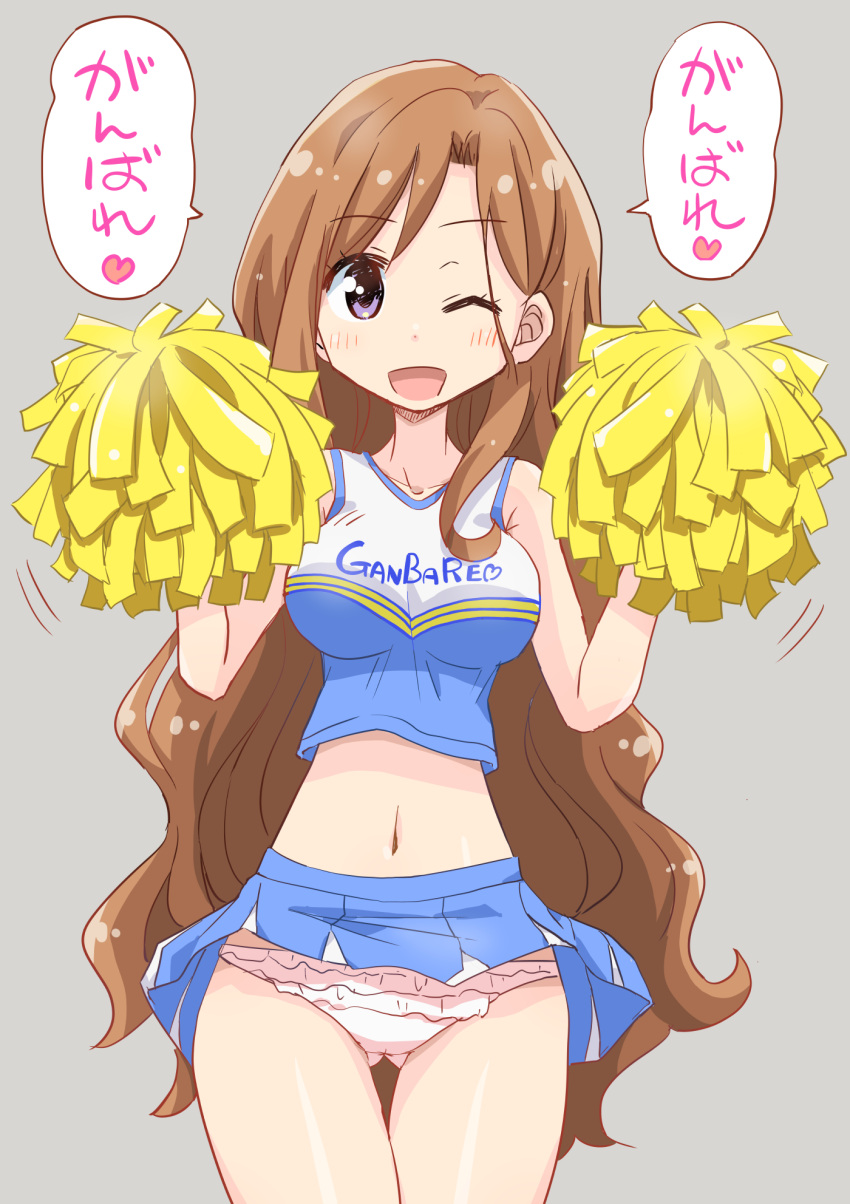 1girl aikatsu!_(series) aikatsu_stars! ass_visible_through_thighs bangs blue_shirt blue_skirt breasts brown_hair cheerleader clothes_writing commentary frilled_panties frills ganbare_ganbare_(itou_life) grey_background heart highres holding holding_pom_poms kasumi_yozora long_hair looking_at_viewer medium_breasts midriff miniskirt motion_lines navel one_eye_closed open_mouth panties pleated_skirt pom_pom_(cheerleading) purple_eyes romaji_text shirt simple_background skirt smile solo standing takeuchi_motoki thigh_gap translated underwear very_long_hair white_panties