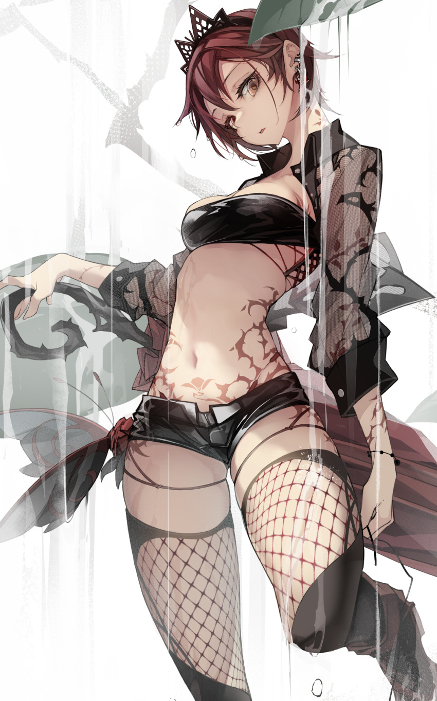 1girl bracelet breasts bug butterfly crop_top dripping fishnets headband highres jewelry leaf looking_at_viewer medium_breasts micro_shorts midriff milaria original red_hair short_hair shorts solo strapless tattoo tube_top water white_background