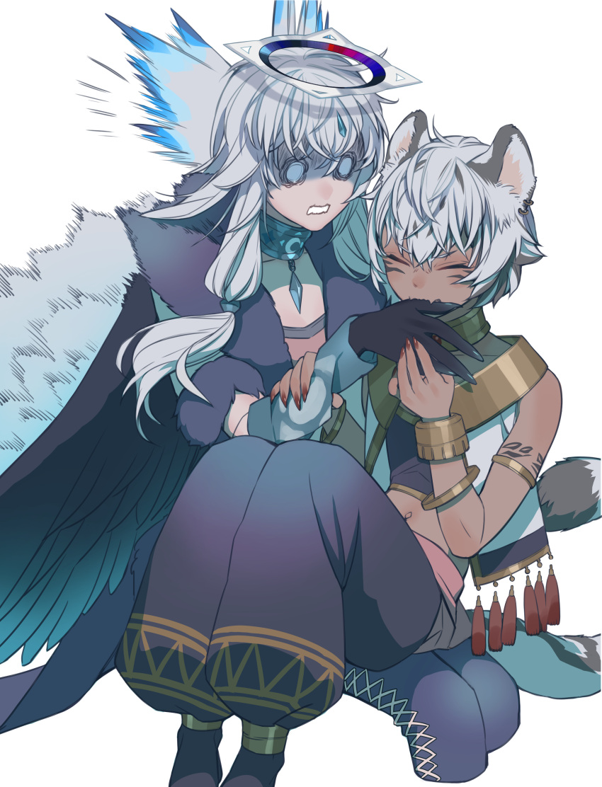 absurdres animal_ears biting biting_hand black_hair bracelet cat_boy cat_ears choker closed_eyes coat couple daimon_kisora_(vtuber) dark_skin feathers fur-trimmed_coat fur_trim halo hand_grab head_wings highres holding_another's_arm indie_virtual_youtuber jewelry mihos_(vtuber) multicolored_hair navel tail tail_ornament tail_ring tattoo tobacco_(tabakokobata) virtual_youtuber white_hair wings yellow_eyes