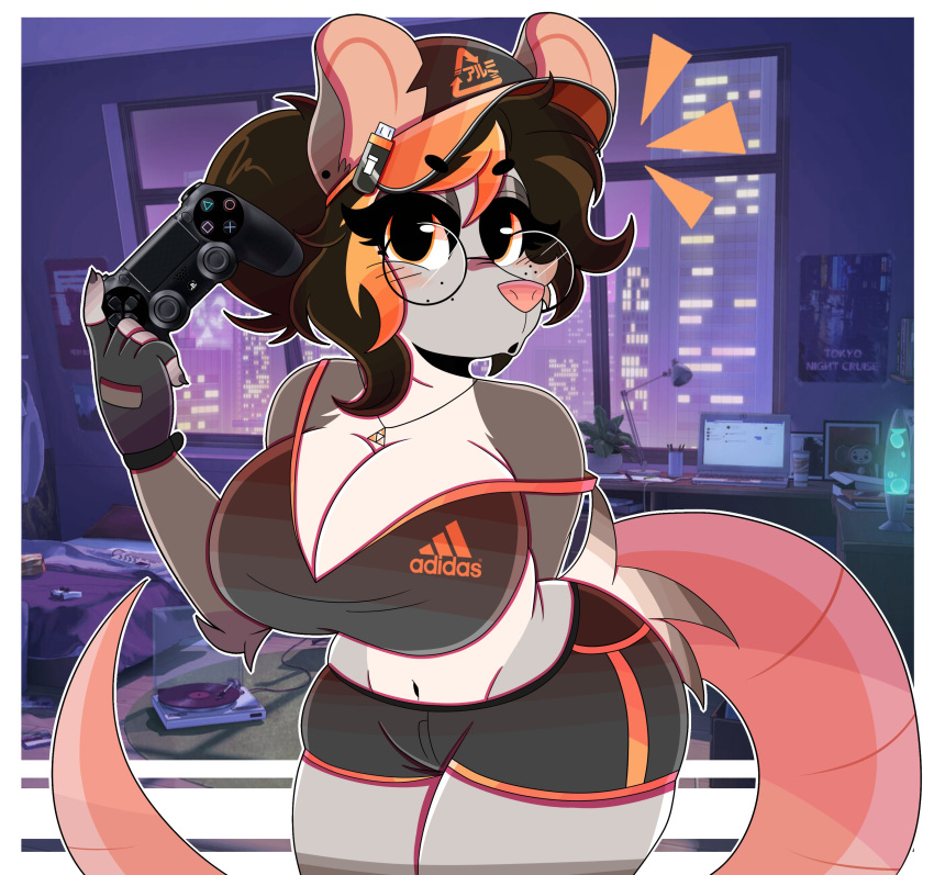 2022 absurd_res adidas anthro baseball_cap big_breasts blush breasts brown_hair cheek_tuft clothed clothing controller detailed_background digital_media_(artwork) dualshock dualshock_4 ear_piercing elbow_tuft eyebrow_through_hair eyebrows eyelashes eyewear facial_tuft female fur gabby_bytes_(wireless_shiba) game_controller glasses gloves hair handwear hat headgear headwear hi_res holding_controller holding_game_controller holding_object looking_at_viewer mammal marsupial nintendo piercing playstation playstation_4 playstation_controller possum solo sony_corporation sony_interactive_entertainment the_legend_of_zelda thick_thighs translucent translucent_hair tuft video_games wireless_controller wireless_shiba