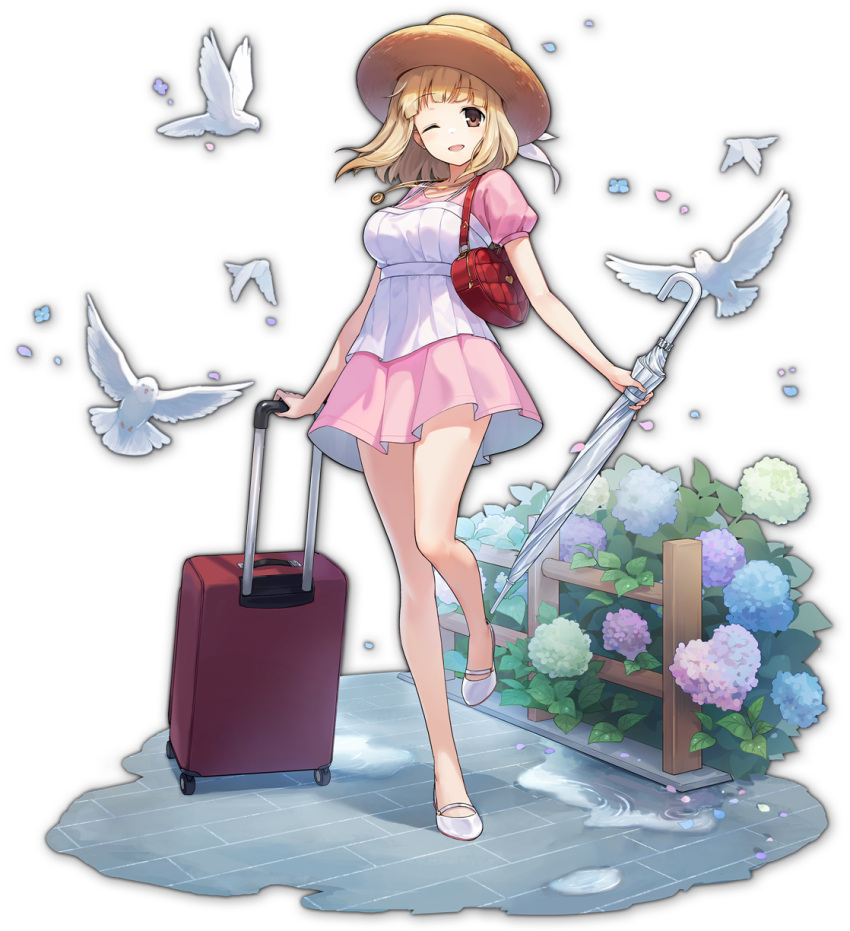 1girl alternate_costume artist_request bag bangs bare_arms bare_legs bird blonde_hair blue_flower brick_floor brown_eyes carrying_bag closed_umbrella dress flats flower fukuji_mihoko full_body green_flower handbag hat highres holding holding_umbrella hydrangea jewelry knees_together_feet_apart looking_at_viewer mahjong_soul medium_hair necklace official_art one_eye_closed open_mouth pendant petals pink_dress pink_flower pleated_dress puddle puffy_short_sleeves puffy_sleeves purple_flower red_bag rolling_suitcase saki short_dress short_sleeves smile solo standing standing_on_one_leg straw_hat tachi-e transparent_background two-tone_dress umbrella underbust white_bird white_dress white_footwear white_umbrella yellow_headwear