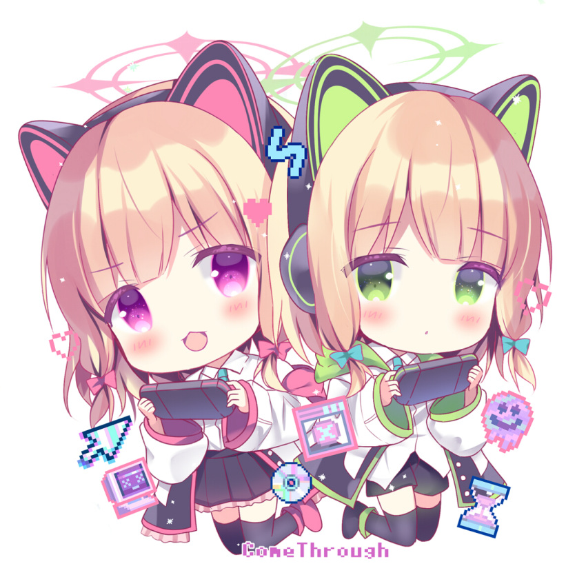 2girls :3 :d animal_ear_headphones animal_ears azumi_kazuki bangs black_footwear black_shorts black_skirt black_thighhighs blonde_hair blue_archive blue_bow blue_necktie blush bow chibi collared_shirt commentary_request cursor dress_shirt fake_animal_ears full_body green_eyes hair_bow halo handheld_game_console headphones holding hourglass jacket long_sleeves midori_(blue_archive) momoi_(blue_archive) multiple_girls necktie open_clothes open_jacket parted_lips pixelated pleated_skirt purple_eyes red_bow red_footwear shirt shoes short_shorts shorts siblings sidelocks simple_background sisters skirt sleeves_past_wrists smile thighhighs twins white_background white_jacket white_shirt wide_sleeves