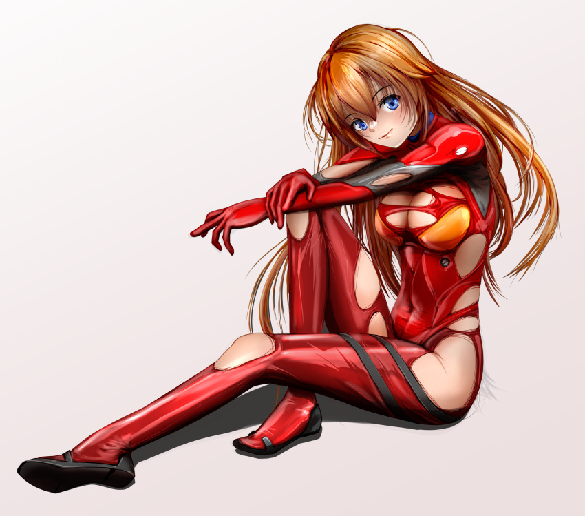 1girl aged_up bangs blue_eyes breasts brown_hair cleavage evangelion:_3.0+1.0_thrice_upon_a_time full_body grin highres long_hair looking_at_viewer neon_genesis_evangelion plugsuit rebuild_of_evangelion sitting smile souryuu_asuka_langley thighs torn_clothes
