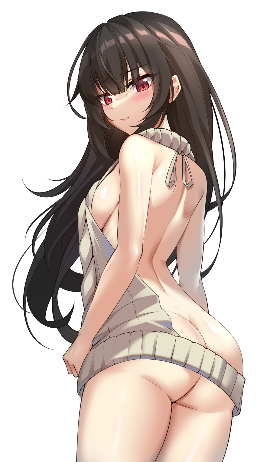 1girl absurdres ass backless_outfit bangs bare_arms bare_back bare_shoulders blunt_bangs blush breasts closed_mouth counter:side dot_nose elze_(s01047480836) highres korean_commentary legs_together long_hair looking_at_viewer looking_back medium_breasts meme_attire no_panties red_eyes shiny shiny_skin sideboob simple_background solo standing thighs topless virgin_killer_sweater wavy_mouth white_background xiao_lin_(counter:side)