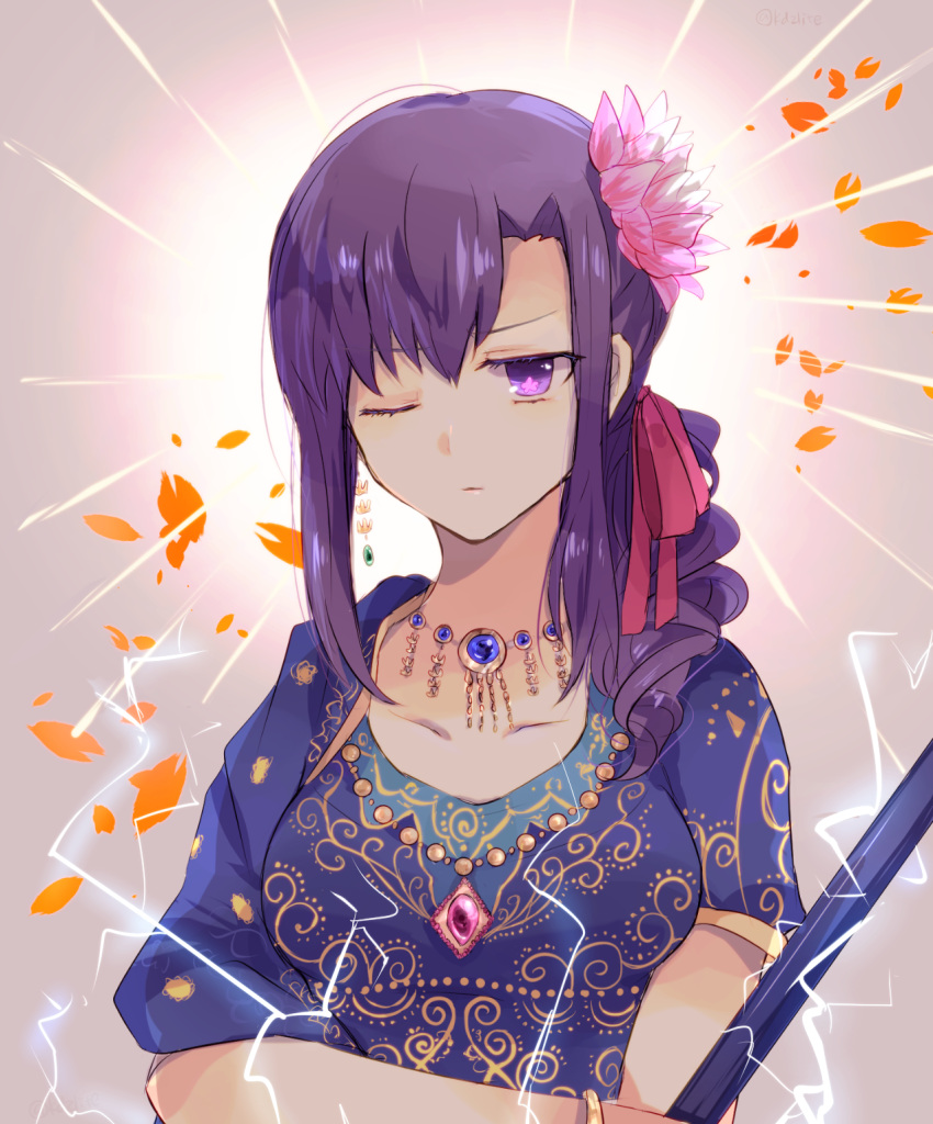 1girl bangs blue_gemstone blue_shirt bracelet breasts closed_mouth collarbone commentary_request earrings electricity fate/grand_order fate_(series) flower gem green_gemstone hair_between_eyes hair_flower hair_ornament hair_ribbon highres holding holding_polearm holding_weapon indian_clothes jewelry long_hair looking_at_viewer lotus matou_sakura medium_breasts necklace one_eye_closed parvati_(fate) petals pink_flower pink_gemstone pink_ribbon polearm purple_eyes purple_hair ribbon shirt short_sleeves sodamachi solo symbol-shaped_pupils upper_body weapon