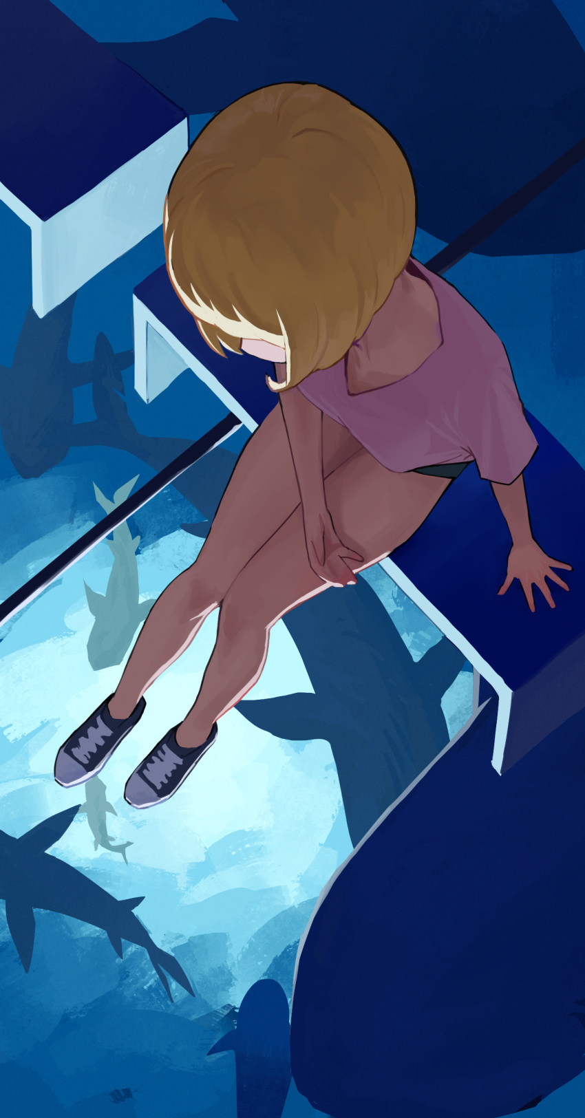 1girl absurdres aquarium arm_support bangs bench black_footwear black_shorts blonde_hair bob_cut breasts collarbone commentary english_commentary from_above full_body glass_floor hand_on_lap highres looking_down medium_breasts on_bench original pink_shirt sekoshi_(some1else45) shark shirt shoes short_hair short_shorts shorts sitting sneakers solo some1else45 t-shirt thighs underlighting v-neck
