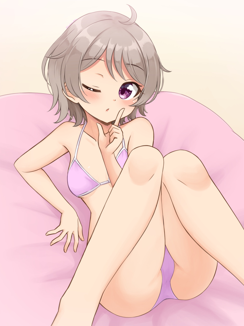 1girl absurdres ahoge ayame_(shiraha_maru) bangs bean_bag_chair bikini blush breasts commentary grey_hair halterneck highres index_finger_raised looking_at_viewer one_eye_closed original purple_bikini purple_eyes shiraha_maru short_hair sitting small_breasts solo swimsuit