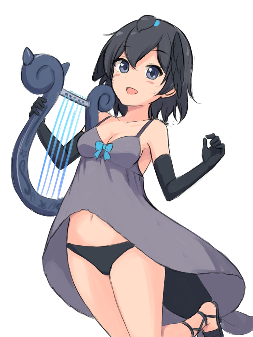 1girl absurdres babydoll bangs bird_girl bird_tail black_eyes black_footwear black_gloves black_hair black_panties breasts commentary gloves grey_babydoll head_wings highres holding holding_instrument instrument kemono_friends leg_up lingerie looking_at_viewer lyre navel open_mouth panties sandals shiraha_maru short_hair simple_background sketch small_breasts smile solo spaghetti_strap standing standing_on_one_leg superb_bird-of-paradise_(kemono_friends) tail twitter_username underwear underwear_only white_background