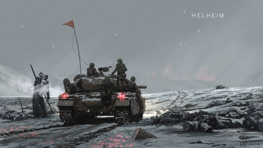 absurdres android barrel battle bodies carrying death flag ground_vehicle gun hat highres lhlclllx97 light machine_gun military military_hat military_uniform military_vehicle motor_vehicle scenery science_fiction snow snowing steam tank uniform war weapon