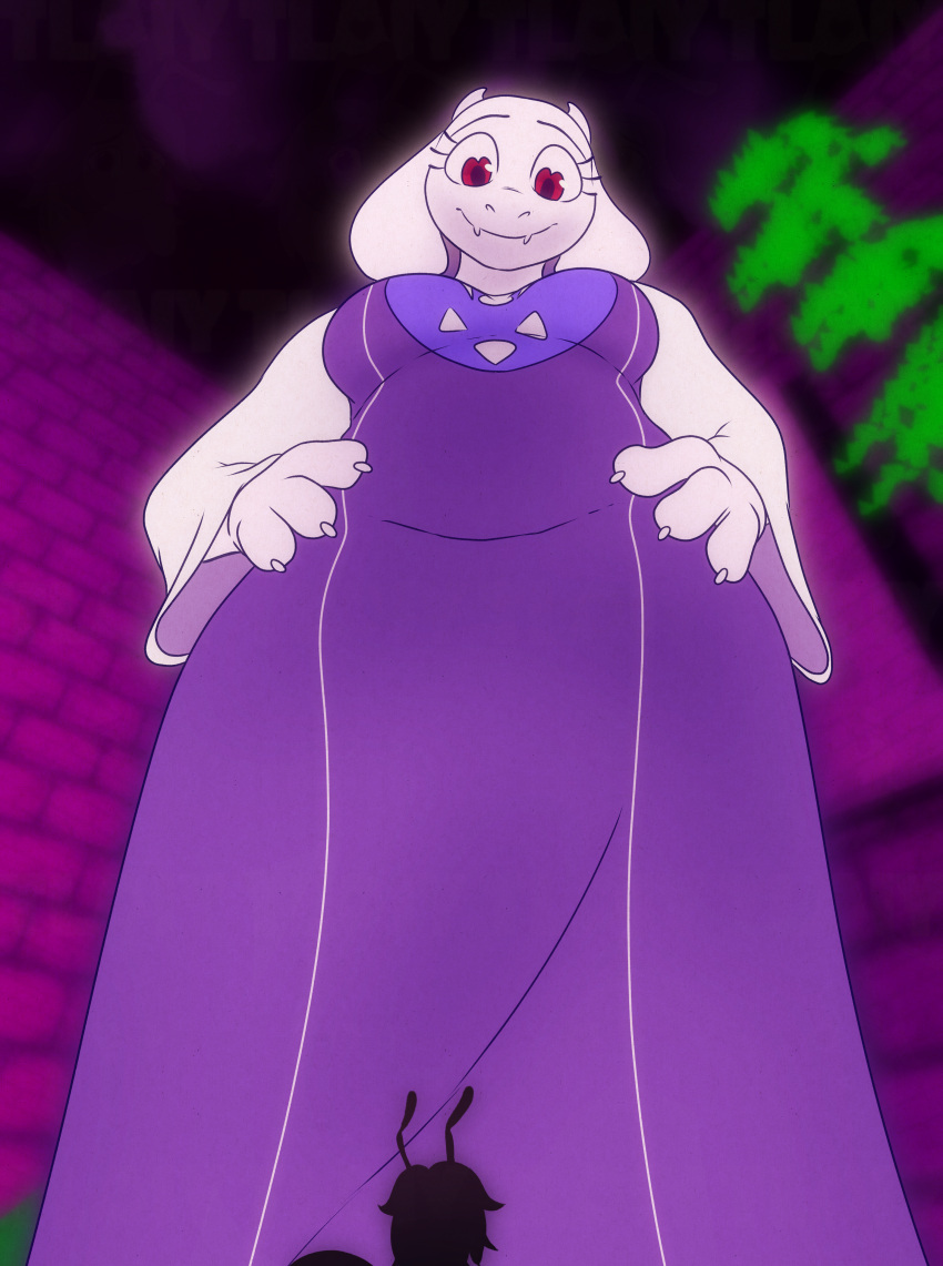 2022 absurd_res anthro arthropod boss_monster bovid breasts caprine clothing delta_rune_(emblem) dress extreme_size_difference female fur goat hi_res larger_female looking_down low-angle_view mammal red_eyes size_difference symbol thelittleartistinyou toriel undertale undertale_(series) video_games white_body white_fur worm's-eye_view