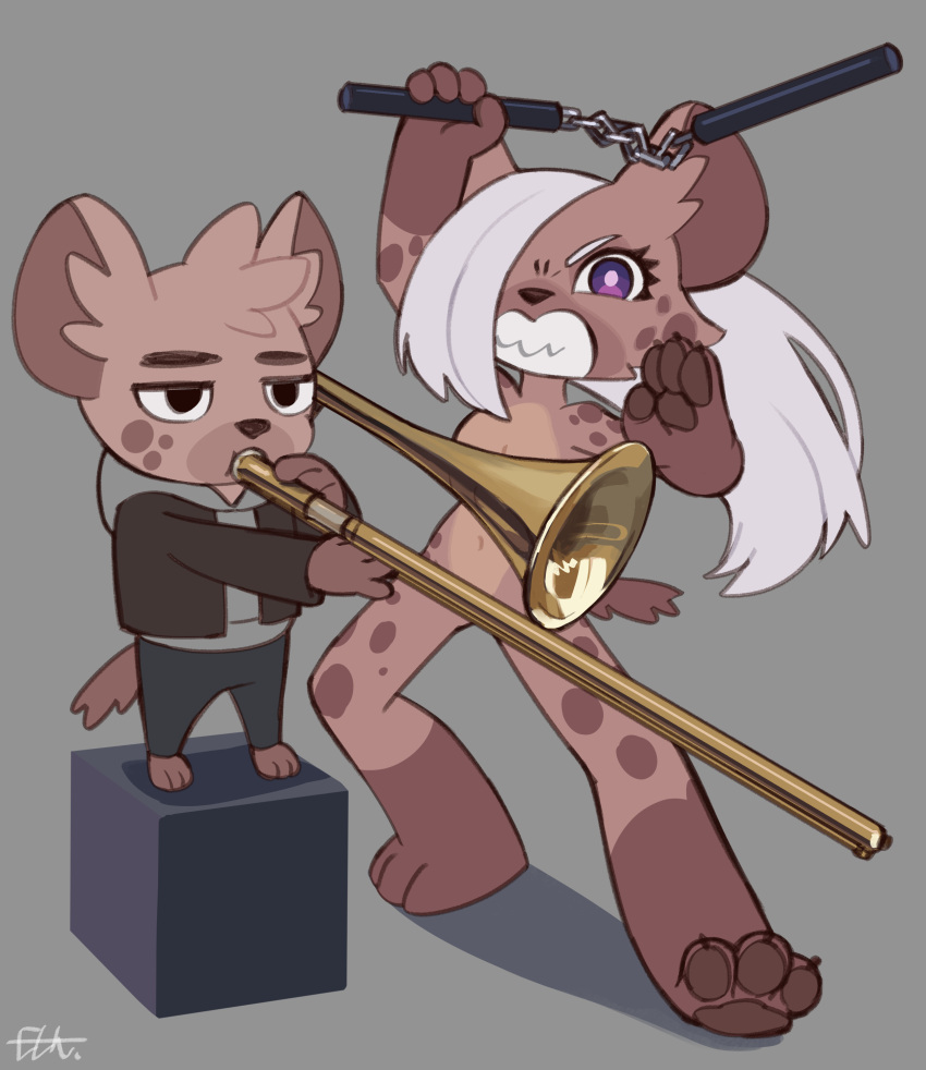 3_toes 4_fingers absurd_res anthro black_nose bottomwear brass_instrument breasts claws clenched_teeth clothed clothing digital_media_(artwork) duo feet female fingers frown fur hair hair_over_eye hi_res holding_musical_instrument holding_object hoodie hyaenid jk_(kemokin_mania) kemokin_mania looking_at_viewer male mammal melee_weapon musical_instrument navel nude nunchaku one_eye_obstructed pawpads playing_music purple_eyes shirt simple_background spots spotted_hyena teeth toe_claws toes topwear trombone tuft weapon wind_instrument