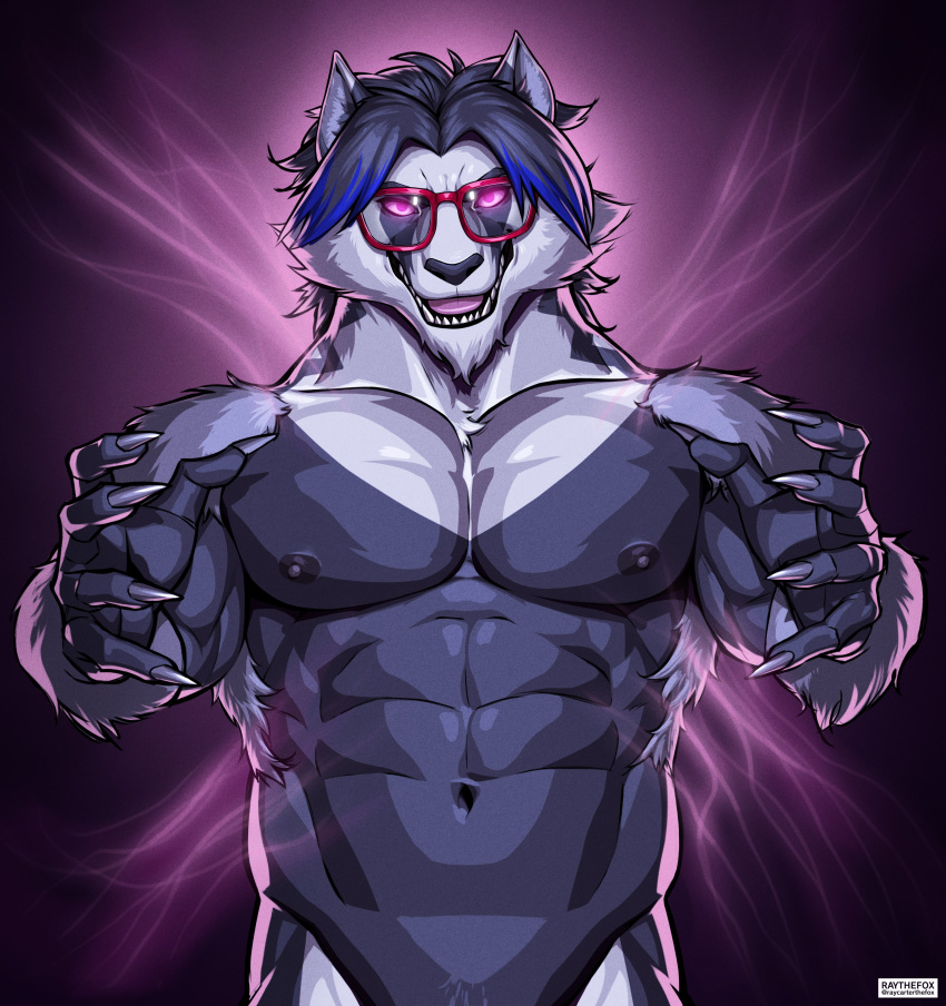 2022 abs absurd_res anthro areola biceps black_body black_fur black_hair digital_media_(artwork) eyebrows eyewear fur generation_8_pokemon glasses glowing glowing_eyes hair hi_res male muscular muscular_anthro muscular_male navel nintendo nipples obstagoon open_mouth pecs pokemon pokemon_(species) pose purple_eyes raythefox solo teeth tongue v-cut video_games white_body white_fur