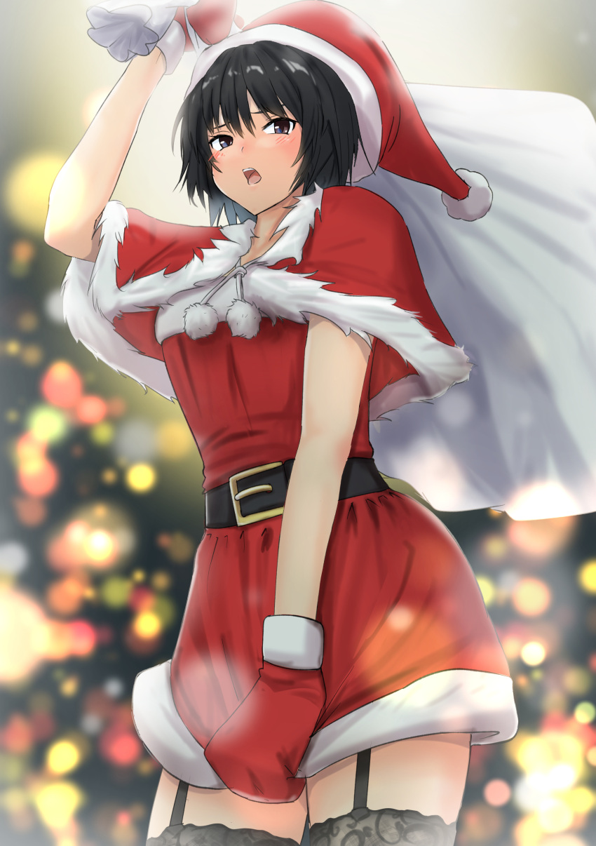 1girl absurdres amagami annoyed arm_up bangs belt belt_buckle black_belt black_hair black_thighhighs blurry blurry_background blush breasts brown_eyes buckle capelet christmas christmas_tree commentary covering covering_crotch cowboy_shot depth_of_field dress dress_tug embarrassed from_below fur_trim furrowed_brow garter_straps hair_between_eyes hat highres holding holding_sack lace-trimmed_thighhighs looking_at_viewer looking_down medium_breasts mittens nanasaki_ai open_mouth pom_pom_(clothes) red_capelet red_dress red_headwear red_mittens sack santa_costume santa_hat short_dress short_hair solo standing teeth thighhighs upper_teeth white_fur yoo_tenchi zettai_ryouiki