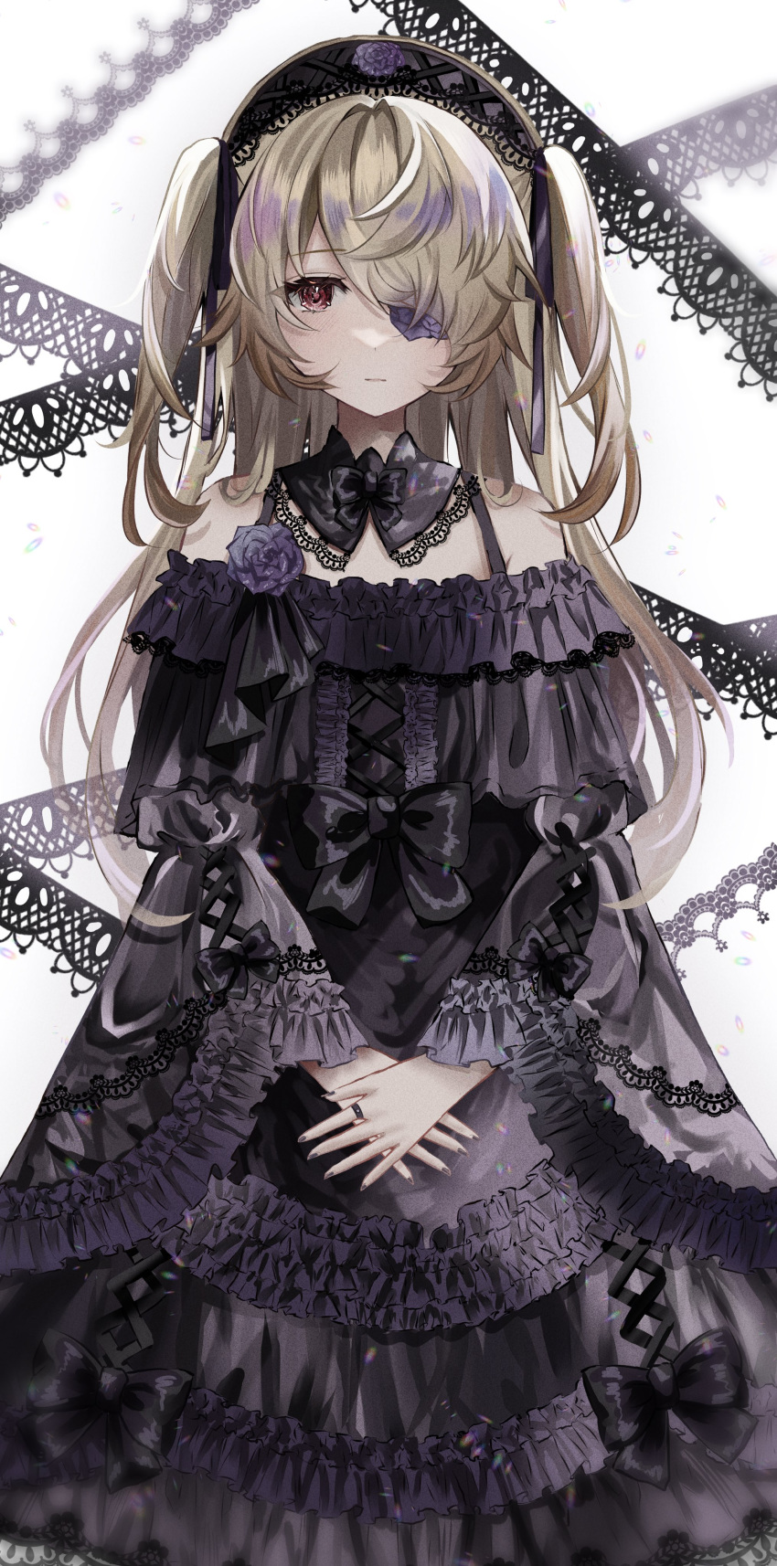 absurdres black_bow black_bowtie black_dress black_flower black_headdress black_rose blonde_hair bow bowtie breasts dress eyepatch fischl_(genshin_impact) flower flower_eyepatch frilled_dress frills genshin_impact gothic_lolita hair_ribbon highres jewelry lace_dress lolita_fashion long_hair medium_breasts off-shoulder_dress off_shoulder princess_dress purple_bow red_eyes ribbon ring rose serious two_side_up white_background yusura_xxx