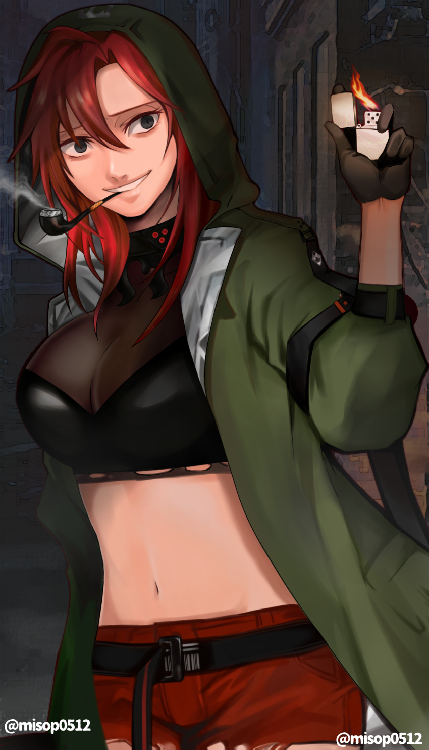 1girl absurdres adriana_rivera bags_under_eyes bangs belt black_gloves black_survival breasts building cleavage commentary commentary_request cowboy_shot crazy_smile crop_top empty_eyes fire gloves green_jacket grey_eyes grin hair_between_eyes halterneck hand_up highres holding holding_lighter hood hood_up hooded_jacket jacket lighter long_hair looking_at_viewer midriff navel official_alternate_costume open_clothes open_jacket red_hair red_shorts short_shorts shorts smile smoke smoking_pipe solo teeth twitter_username user_jkdf2484 zippo_lighter