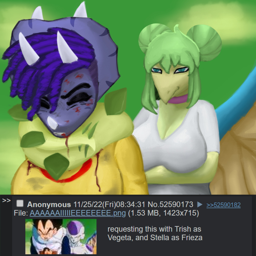 1:1 4chan absurd_res anthro asphyxiation blood blood_in_mouth blood_on_face blue_eyes bodily_fluids ceratopsian choker choking clothed clothing coffeewithdicks dinosaur dragon_ball duo english_text facial_horn female goodbye_volcano_high green_body green_hair hair hi_res horn humor jewelry markings necklace ornithischian purple_body purple_hair reptile requested scalie snoot_game_(fan_game) spiked_tail spikes spikes_(anatomy) stegosaurian stegosaurus stella_(gvh) text thyreophoran triceratops trish_(gvh) video_games