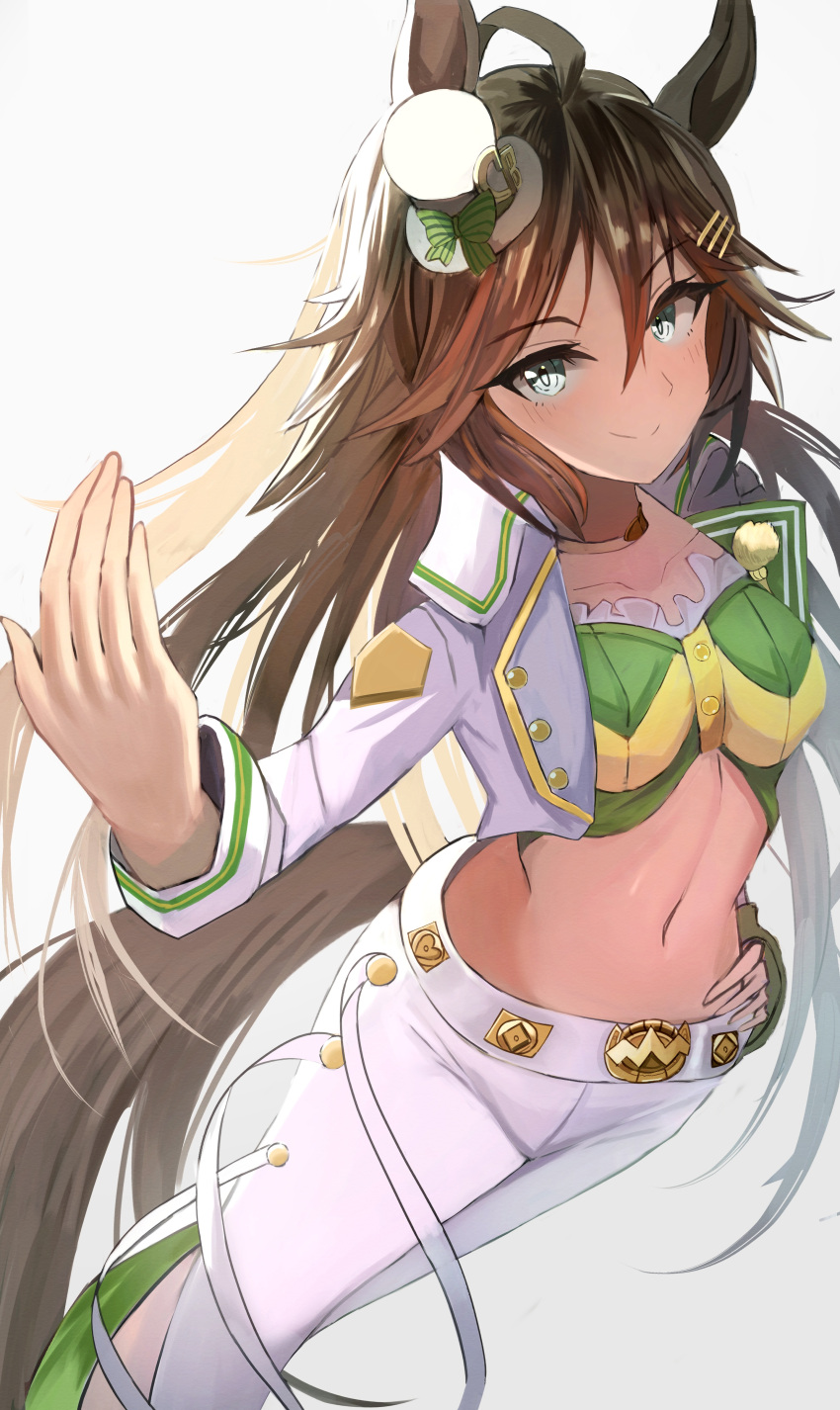 1girl absurdres ahoge animal_ears bangs blush breasts brown_hair choker closed_mouth collarbone commentary_request crop_top green_eyes green_shirt hair_between_eyes hair_ornament hairclip hand_on_hip hand_up hat highres horse_ears horse_girl horse_tail jacket long_hair long_sleeves looking_at_viewer medium_breasts midriff mini_hat mini_top_hat mr._c.b._(umamusume) navel open_clothes open_jacket pants shirt sidelocks simple_background single_sleeve sleeve_cuffs smile solo standing strapless strapless_shirt taguchi_yuu tail top_hat umamusume white_background white_headwear white_pants yellow_choker
