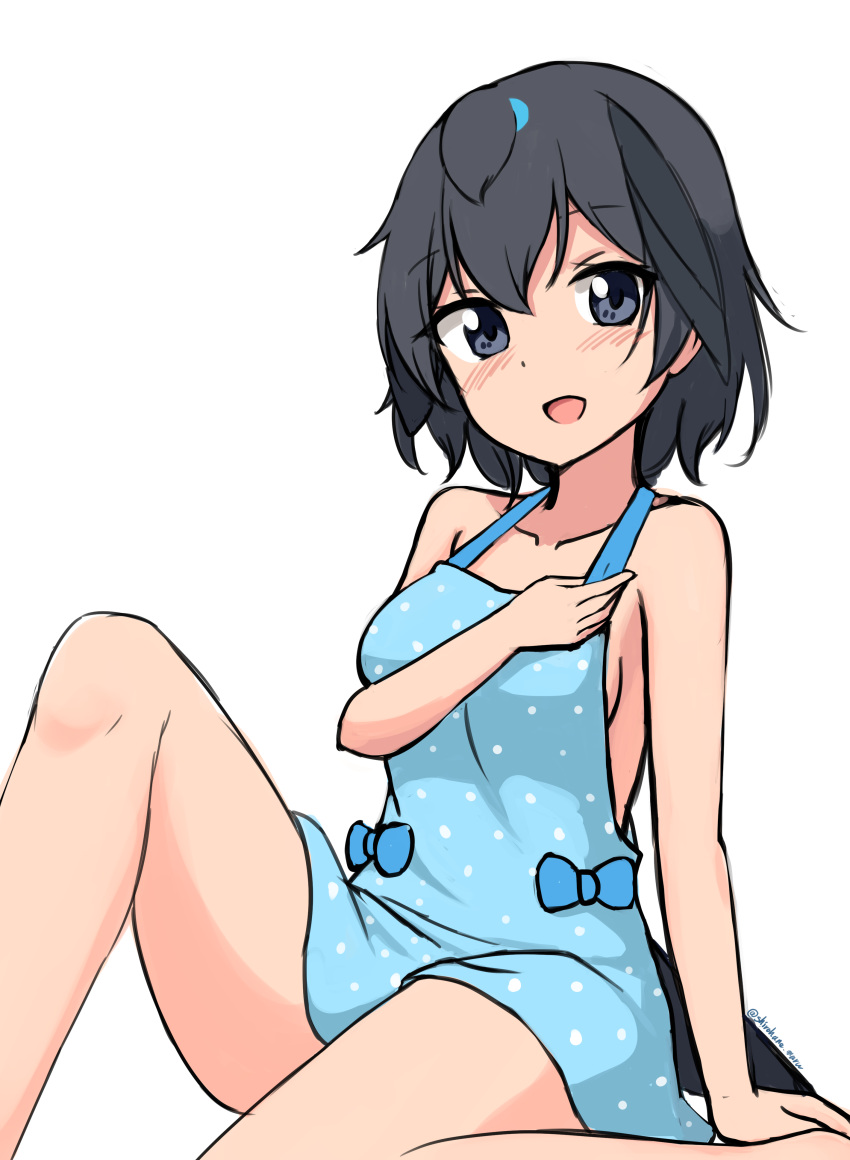 1girl :d absurdres alternate_costume bangs bare_arms bare_shoulders bird_girl bird_tail black_eyes black_hair blue_bow blue_dress blush bow breasts collarbone commentary covering covering_breasts dress halter_dress halterneck head_wings highres kemono_friends knee_up looking_at_viewer medium_breasts open_mouth polka_dot polka_dot_dress shiraha_maru short_dress sideboob simple_background sitting sketch sleeveless sleeveless_dress smile solo superb_bird-of-paradise_(kemono_friends) symbol-only_commentary tail twitter_username unfinished white_background