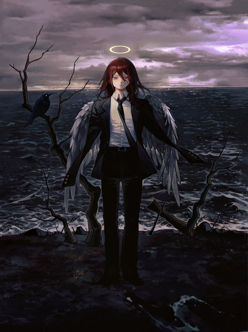 1boy absurdres amputee angel_devil_(chainsaw_man) angel_wings bangs bare_tree bird black_jacket black_necktie black_pants black_suit brown_eyes chainsaw_man chinese_commentary cloud coat collared_shirt commentary_request crow double_amputee expressionless feathered_wings formal full_body grey_sky hair_between_eyes halo highres horizon huli_xiaobai jacket looking_at_viewer male_focus medium_hair missing_limb necktie ocean outdoors overcast pants red_hair rock shirt sky solo standing straight-on suit tree water white_shirt white_wings wind wings