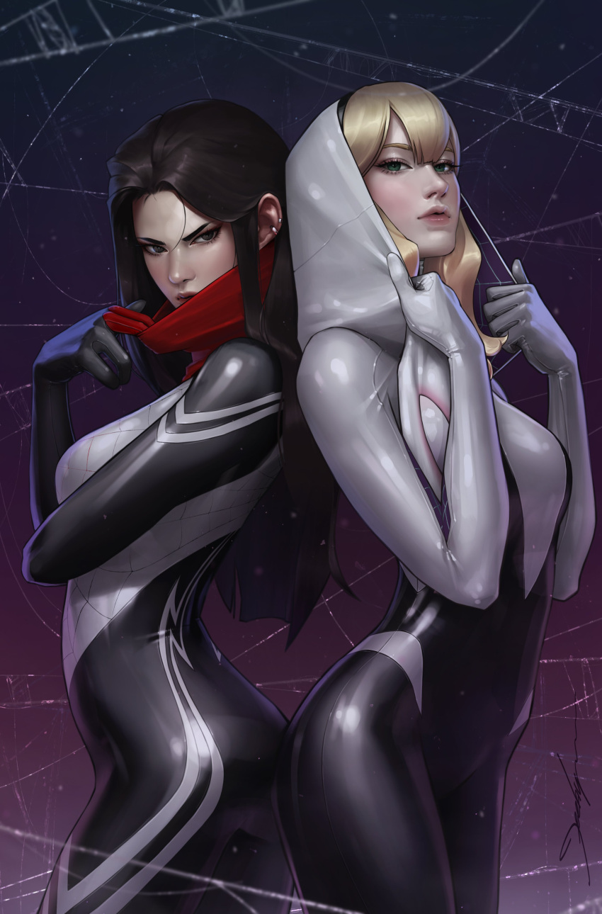 2girls absurdres ass-to-ass black_eyes black_gloves black_hair black_hairband blonde_hair blue_eyes bodysuit breasts cindy_moon comic_cover cover_image english_commentary gloves gwen_stacy hair_behind_ear hairband head_tilt highres hood hooded_bodysuit jee-hyung_lee looking_at_viewer marvel mask_pull medium_breasts multiple_girls official_art realistic silk_(marvel) spider-gwen spider-man_(series) superhero v-shaped_eyebrows white_gloves