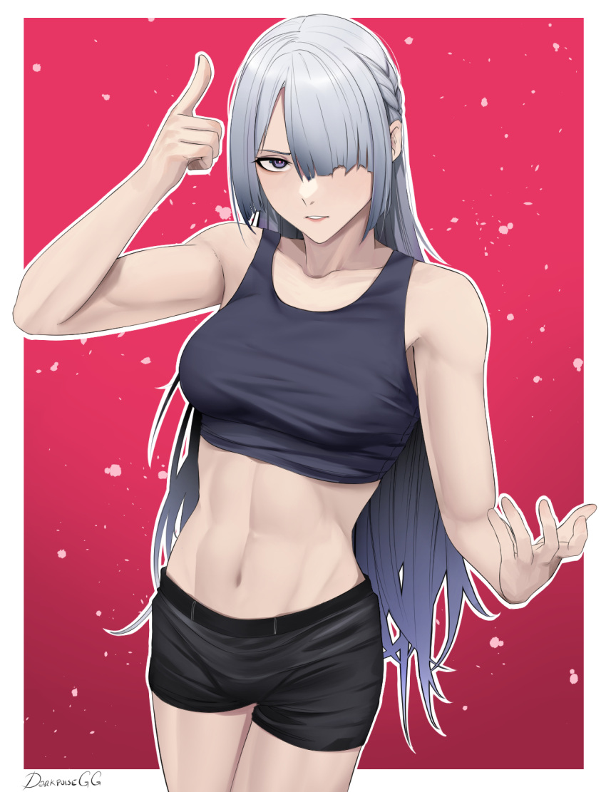 1girl abs ak-15_(girls'_frontline) alternate_costume arm_up artist_name bangs bike_shorts black_shorts black_sports_bra border braid breasts collarbone commentary crop_top darkpulsegg english_commentary feet_out_of_frame girls'_frontline grey_hair hair_over_one_eye highres index_finger_raised light_blush long_bangs long_hair looking_at_viewer medium_breasts muscular muscular_female navel open_mouth parted_lips pink_background purple_eyes shorts solo sports_bra sportswear standing stomach white_border