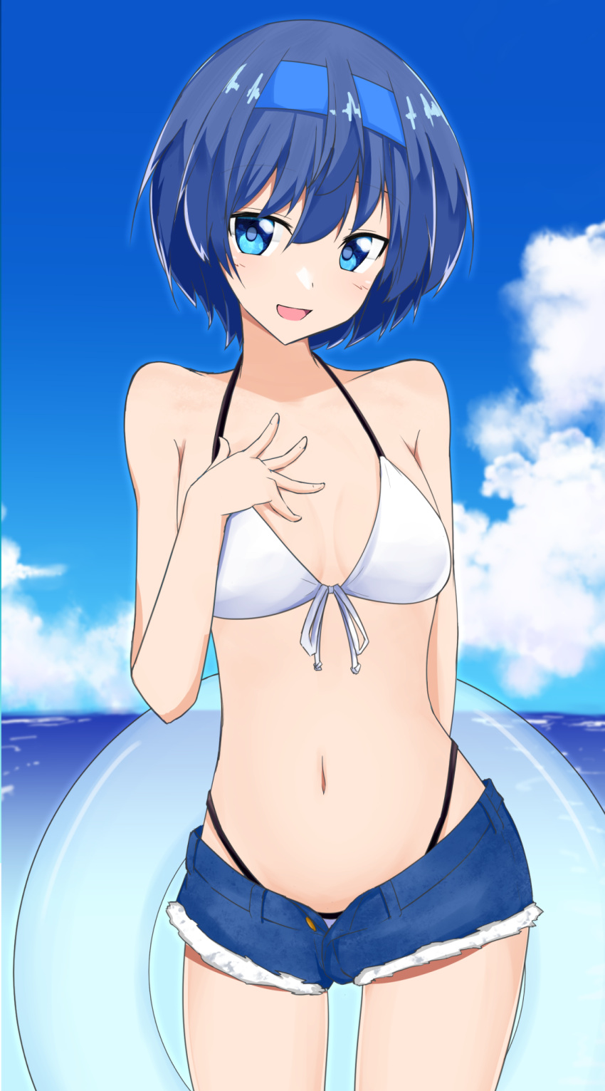 1girl bikini blue_eyes blue_hair blue_shorts blue_sky breasts cevio cloud cloudy_sky commentary_request cowboy_shot cutoffs day denim denim_shorts front-tie_bikini_top front-tie_top halterneck hand_on_own_chest highleg highleg_bikini highres holding holding_innertube horizon innertube looking_at_viewer medium_breasts micro_shorts navel object_behind_back ocean open_mouth outdoors sena_kizahashi short_hair shorts sky smile solo standing string_bikini suzuki_tsudumi swimsuit white_bikini