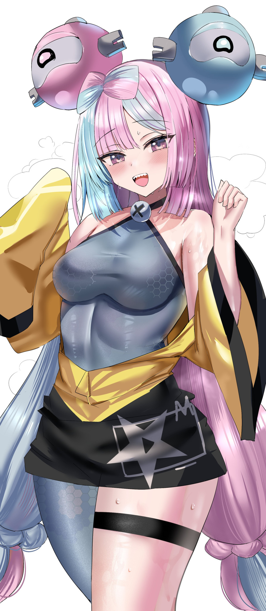 1girl absurdres aqua_hair bangs bare_shoulders blue_hair blush bow-shaped_hair breasts character_hair_ornament hair_ornament hanasaka_houcha hands_up highres iono_(pokemon) jacket large_breasts long_hair long_sleeves looking_at_viewer low-tied_long_hair magnemite multicolored_hair open_mouth pink_eyes pink_hair pokemon pokemon_(game) pokemon_sv sharp_teeth simple_background smile solo teeth thigh_strap thighs two-tone_hair white_background wide_sleeves yellow_jacket