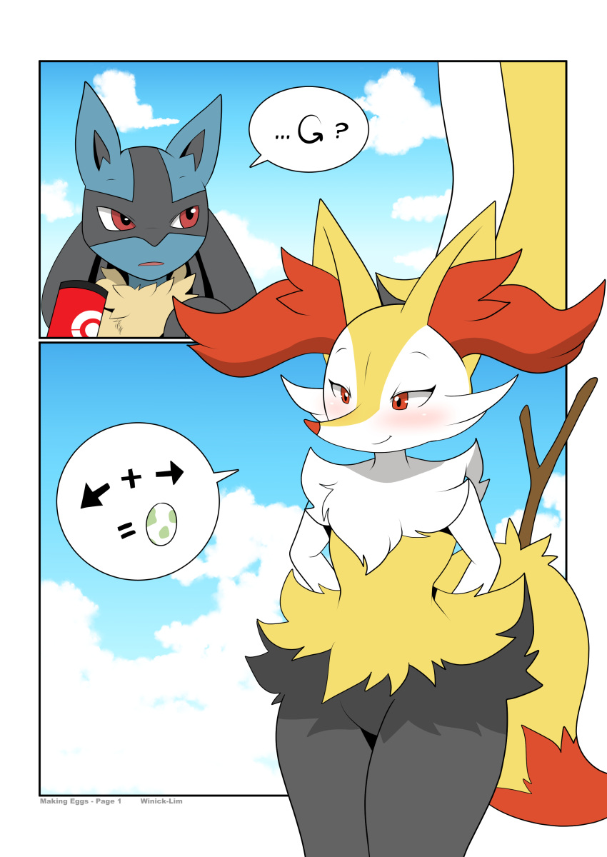 absurd_res anthro artist_name beverage black_body black_fur black_inner_ear black_legs blue_body blue_ears blue_fur blush braixen cloud comic directional_arrow duo egg ellipsis featureless_crotch female first_page fluffy fluffy_tail fur generation_4_pokemon generation_6_pokemon hands_behind_back hi_res holding_beverage holding_object holding_stick looking_at_another lucario male nintendo outside pictographics plus_sign pokemon pokemon_(species) question_mark sky smile stick tan_body tan_fur video_games white_arms winick-lim yellow_body yellow_ears yellow_fur yellow_tail