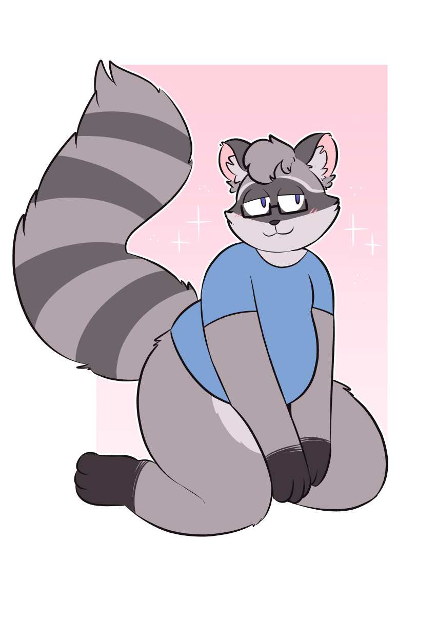 absurd_res anthro blue_eyes blush bottomless cat-boots clothed clothing covering covering_self eyewear facial_markings fur glasses grey_body grey_fur head_markings hi_res inner_ear_fluff male mammal markings mask_(marking) miles_(kamek_sans) procyonid raccoon shirt slightly_chubby solo sparkles striped_markings striped_tail stripes tail_markings thick_thighs topwear tuft