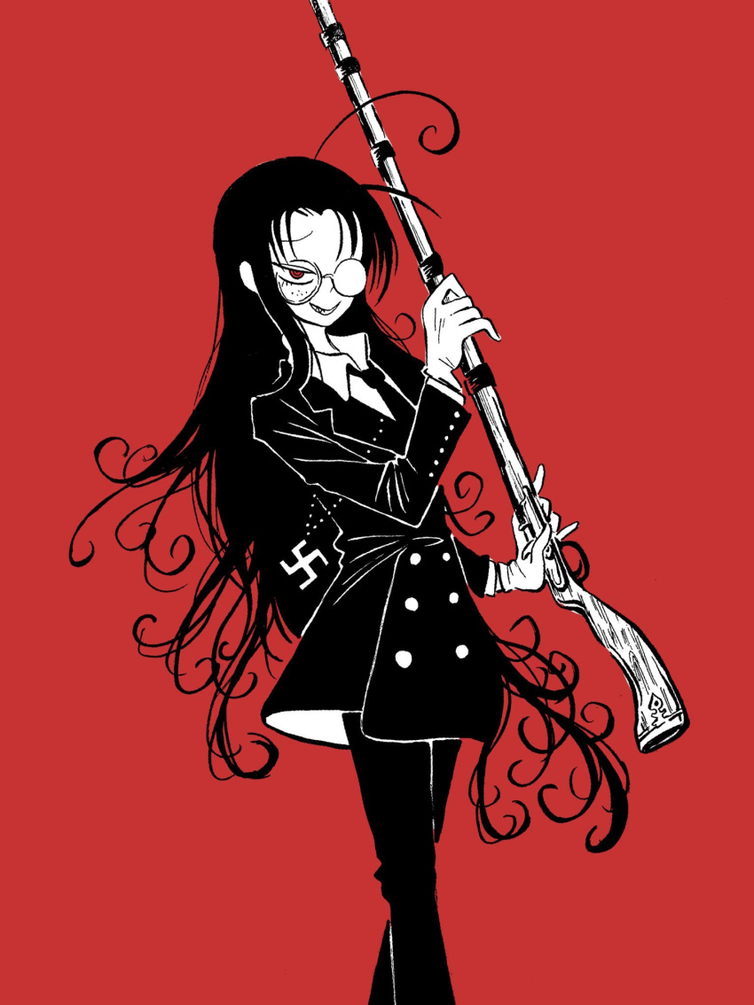 1girl ahoge antique_firearm coat collared_shirt feet_out_of_frame firelock flintlock glasses gloves greyscale grin gun hellsing highres holding holding_gun holding_weapon jezail long_hair monochrome musket nazi necktie pants red_background red_eyes rifle rip_van_winkle round_eyewear shi_(yotsuhaka) shirt simple_background smile spot_color swastika swastika_necklace very_long_hair wavy_hair weapon