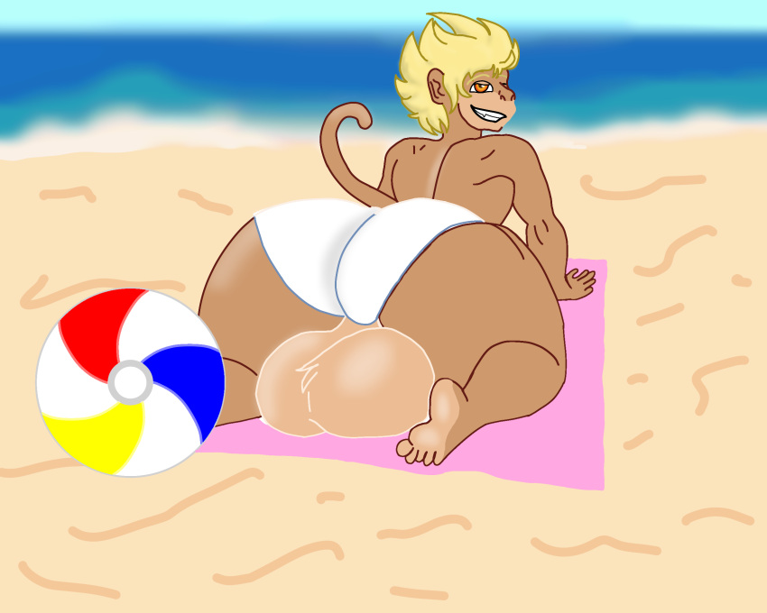 ball balls beach beach_ball big_butt blonde_hair bodily_fluids butt clothing feet genitals girly hair haplorhine hi_res huge_butt hyper hyper_butt inflatable mammal monkey primate sand sea seaside sweat towel underwear water wide_hips