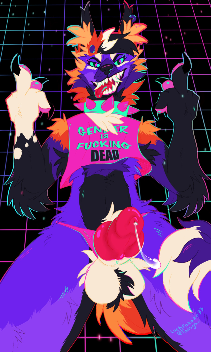 3:5 absurd_res bared_teeth canid canine cheek_tuft claws clothing clothing_aside crop_top facial_tuft fox gesture hi_res luckfoxo33 male mammal middle_finger neon panties panties_aside paws shirt snarling teeth teeth_showing teeth_visible tongue tongue_out topwear tuft underwear underwear_aside vaporwave
