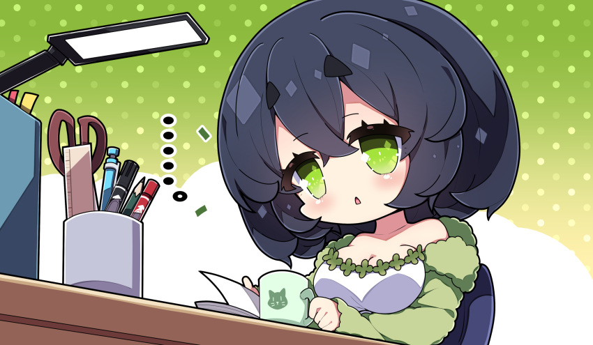 ... 1girl :&lt; bangs black_hair breasts chibi cleavage collarbone commentary_request cup dress green_background green_eyes green_jacket hair_between_eyes highres holding holding_cup jacket kyoumachi_seika lamp large_breasts long_sleeves looking_at_viewer milkpanda mug off_shoulder open_clothes open_jacket parted_lips pen pencil polka_dot polka_dot_background ruler scissors short_eyebrows sleeves_past_wrists solo strapless strapless_dress thick_eyebrows triangle_mouth two-tone_background voiceroid white_background white_dress