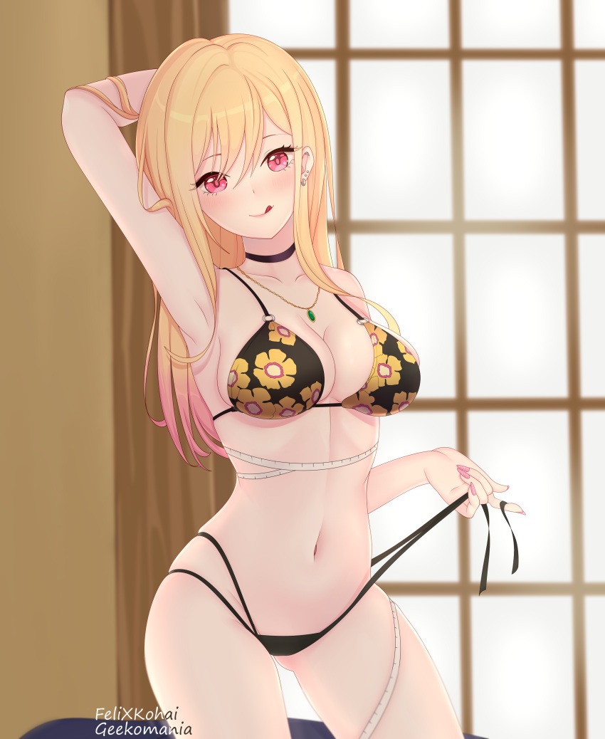 1girl :q absurdres arm_up armpits artist_name bangs bare_arms bikini black_choker blonde_hair blush breasts choker cleavage collarbone cowboy_shot earrings felixkohai hair_between_eyes highleg highleg_bikini highres jewelry kitagawa_marin large_breasts long_hair looking_at_viewer navel open_bikini open_clothes pink_eyes pink_hair red_eyes shiny shiny_hair skindentation smile solo sono_bisque_doll_wa_koi_wo_suru stomach swimsuit tongue tongue_out window