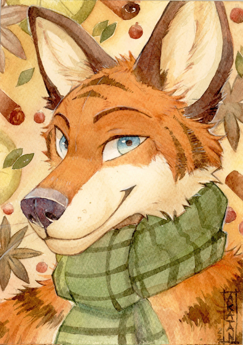 2022 akatan_art anthro blue_eyes bust_portrait canid canine cheek_tuft closed_smile dated facial_tuft fox fur glistening glistening_eyes green_scarf head_tuft hi_res looking_at_viewer male mammal mouth_closed orange_body orange_fur pattern_background portrait scarf signature simple_background solo tan_body tan_fur tan_inner_ear tuft