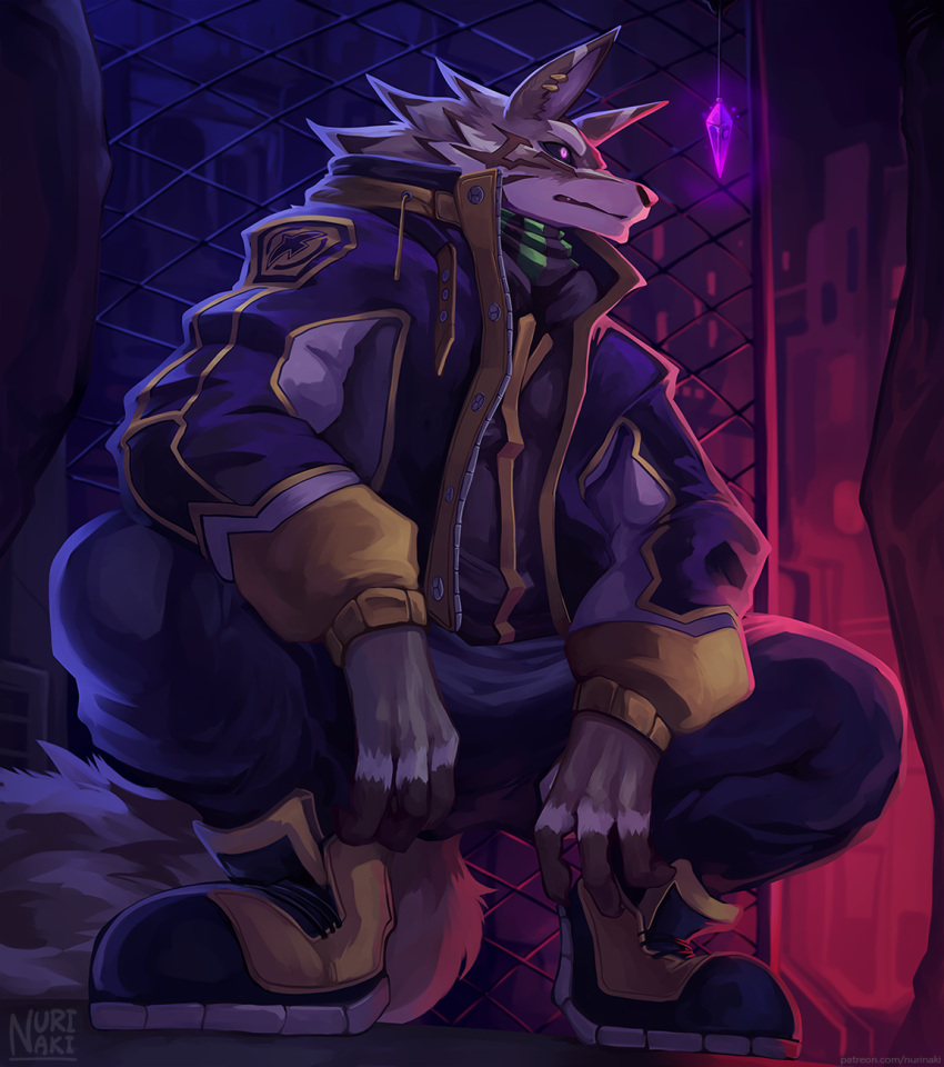 2022 anthro bottomwear canid canine clothing ear_piercing faceless_character faceless_male footwear hi_res hypnosis hypnotic_eyes jacket lifewonders male mammal mind_control nurinaki offscreen_male outside pants piercing plantigrade seth_(tas) shoes tokyo_afterschool_summoners topwear video_games