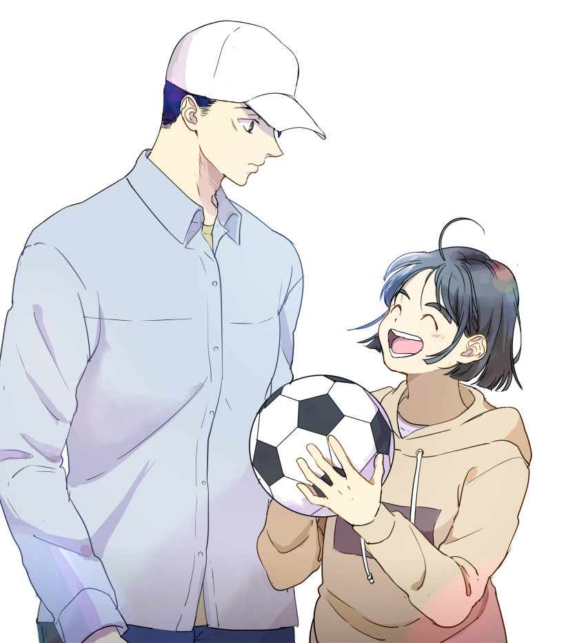 1boy 1girl after_school_lessons_for_unripe_apples ahoge ball baseball_cap black_hair blue_shirt bob_cut brown_hoodie hat highres holding holding_ball hood hood_down hoodie hwang_mi-ae kim_cheol looking_at_another mrh_cit scar scar_on_face shirt short_hair simple_background smile soccer_ball upper_body white_background white_headwear