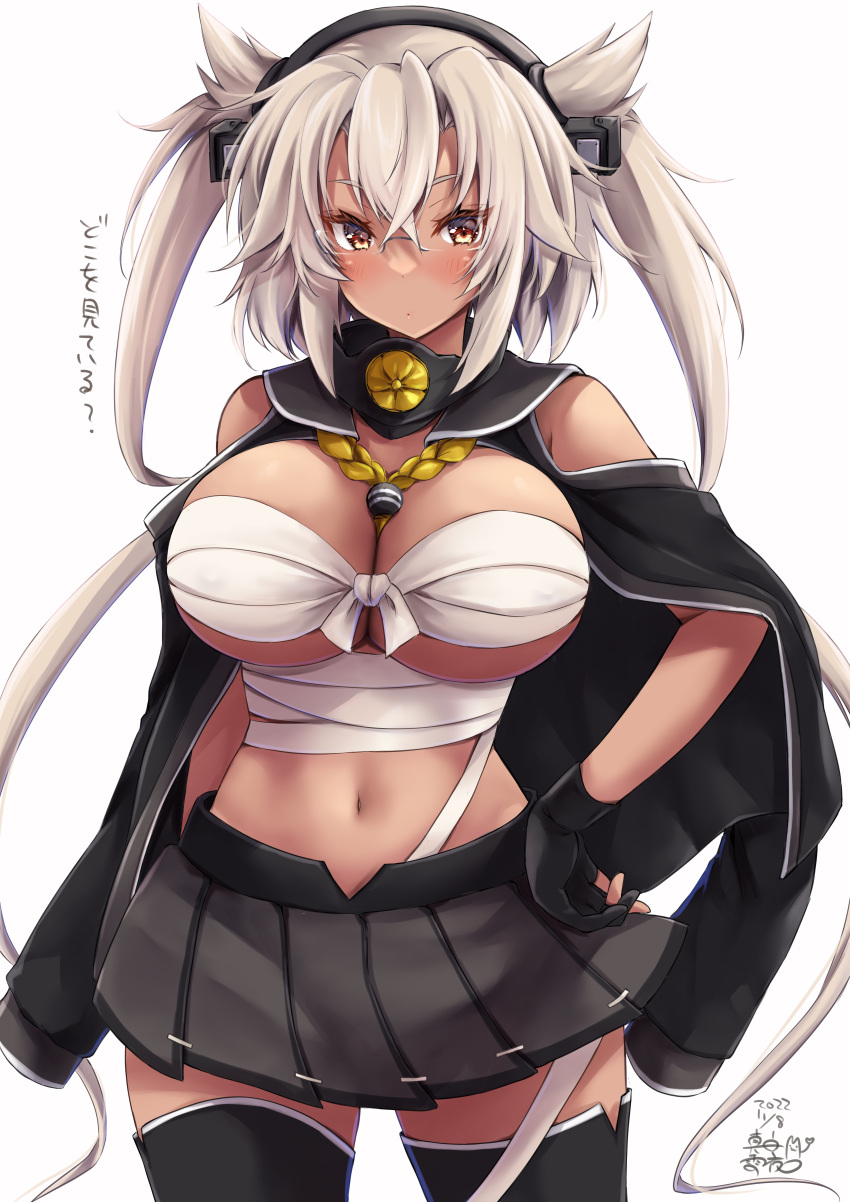 1girl absurdres black_gloves black_skirt black_thighhighs breasts budget_sarashi collar cowboy_shot dark-skinned_female dark_skin glasses gloves grey-framed_eyewear headgear highres kantai_collection kikumon large_breasts mashiro_yukiya metal_collar miniskirt musashi_(kancolle) musashi_kai_(kancolle) navel partially_fingerless_gloves pleated_skirt pointy_hair sakuramon sarashi semi-rimless_eyewear skirt solo standing thighhighs two_side_up white_hair