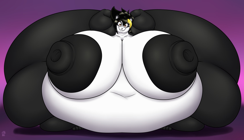 7:4 absurd_res anthro badgerben bear belly big_belly big_breasts big_butt black_body black_fur black_hair blonde_hair breasts brown_eyes butt female fur gaping gaping_nipples giant_panda hair hands_behind_head hi_res huge_breasts huge_butt hyper hyper_belly hyper_breasts hyper_butt kazz77 mammal morbidly_obese morbidly_obese_female navel obese obese_female overweight overweight_female saori_(kazz77) smile solo white_body white_fur