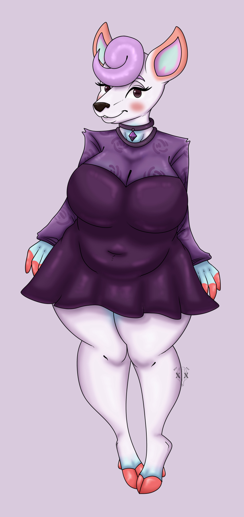 absurd_res animal_crossing anthro big_breasts blush bratcatt breasts brown_eyes cleavage clothed clothing colar deer diana_(animal_crossing) dress eyelashes female fur hair hi_res hooves horizontal_pupils huge_breasts jewelry looking_at_viewer mammal navel_outline necklace nintendo pupils purple_background purple_clothing purple_dress purple_hair simple_background slightly_chubby smile solo thick_thighs video_games white_body white_fur wide_hips