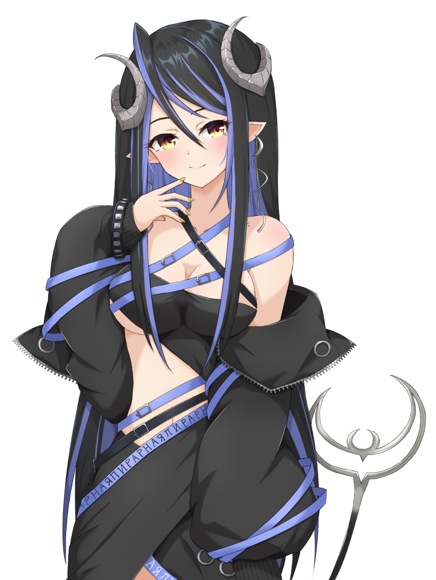 1girl 774_inc. bangs belt black_belt black_jacket black_skirt black_tube_top blue_belt blue_hair blush breasts caduceus chest_belt cleavage closed_mouth cowboy_shot curled_horns demon_girl demon_horns demon_tail grey_horns hair_between_eyes hebiyoi_tier highres horns jacket long_hair looking_at_viewer medium_breasts off_shoulder pointy_ears simple_background skirt smile solo strapless sugar_lyric tail tube_top very_long_hair virtual_youtuber white_background yamapiyo yellow_eyes