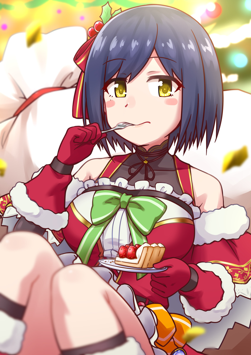 1girl bangs blue_hair blurry blurry_background blurry_foreground bob_cut bow capelet christmas commentary depth_of_field dress eating food fork frilled_dress frills fur-trimmed_capelet fur_trim gloves goriate green_bow hair_ornament highres holding holding_fork holding_saucer holly_hair_ornament looking_at_viewer mole mole_under_eye nijisanji red_capelet sack santa_gloves saucer shizuka_rin short_dress short_hair sitting solo tart_(food) virtual_youtuber yellow_eyes