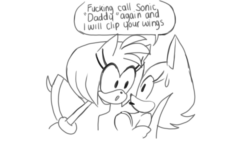 2022 amy_rose angry anthro bat_(species) dialogue duo eulipotyphlan female hedgehog hi_res humor mammal meme monochrome profanity rouge_the_bat scared sega shitpost sonic_the_hedgehog_(series) wazzaldorp