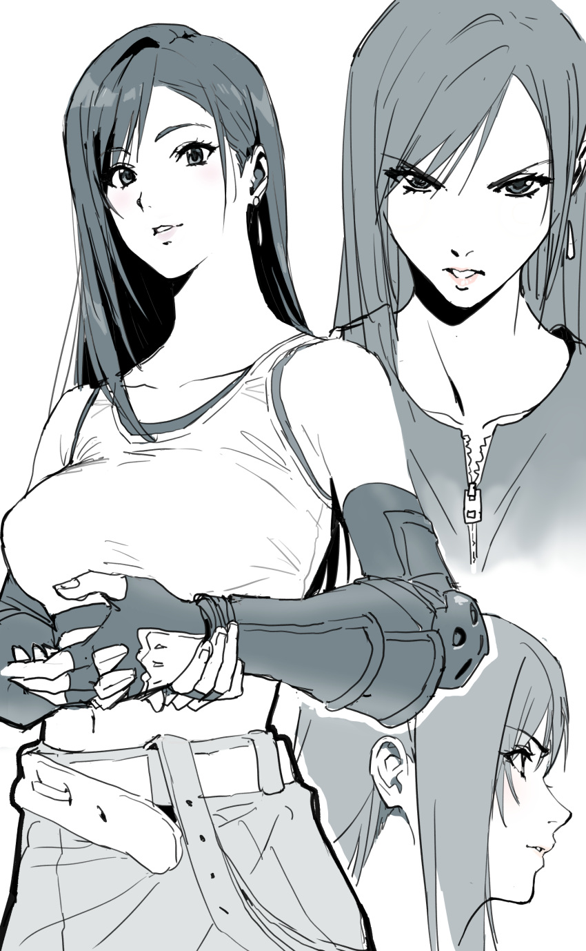 1girl absurdres adjusting_clothes adjusting_gloves bangs belt breasts crop_top elbow_gloves final_fantasy final_fantasy_vii fingerless_gloves gloves greyscale highres ishii_takamori large_breasts long_hair looking_at_viewer midriff monochrome multiple_views solo swept_bangs tank_top tifa_lockhart zipper