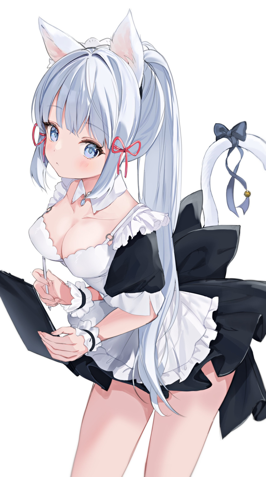 1girl :/ absurdres alternate_costume animal_ears apron bangs bell black_bow black_dress black_ribbon blue_eyes blush bow breasts cat_ears cat_girl cat_tail cleavage clipboard closed_mouth collar cowboy_shot detached_collar dress enmaided frilled_apron frilled_cuffs frilled_dress frills genshin_impact hair_intakes highres holding holding_clipboard holding_pen jingle_bell kamisato_ayaka kemonomimi_mode leaning_forward long_hair looking_at_viewer maid maid_headdress medium_breasts pen ponytail ribbon short_dress short_sleeves sidelocks simple_background solo tail tail_bell tail_bow tail_ornament tail_raised tail_ribbon thighs ume_(plumblossom) white_apron white_background white_collar white_hair white_tail white_wrist_cuffs wide_sleeves wrist_cuffs