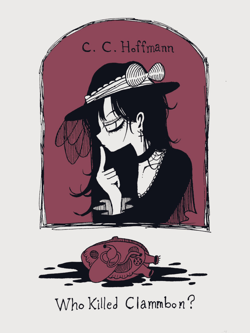 1girl blood blood_stain bow choker cover creature cross cross_earrings death earrings english_text fake_cover finger_to_mouth framed hat hat_bow highres index_finger_raised jewelry long_hair monochrome original profile shi_(yotsuhaka) spot_color upper_body