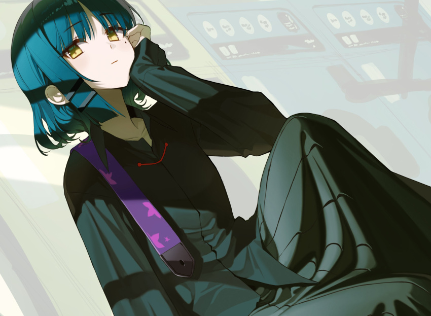 1girl arm_support asymmetrical_sidelocks bangs belt black_shirt blue_hair bocchi_the_rock! closed_mouth collarbone collared_shirt grey_skirt hair_ornament hairclip hand_on_own_cheek hand_on_own_face highres knee_up long_sleeves looking_at_viewer mole mole_under_eye multicolored_background pleated_skirt pro-p purple_belt shadow shirt short_hair simple_background sitting skirt solo star_(symbol) yamada_ryou yellow_eyes